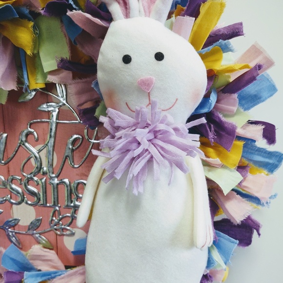 HANDCRAFTED DECOR EASTER BLESSINGS WHITE BUNNY PASTEL FABRIC RAG WREATH 18" - Picture 2 of 9